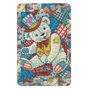 CUTE PATRIOTIC TEDDY BEAR, BOAT & PATCHWORK QUILT MAGNET