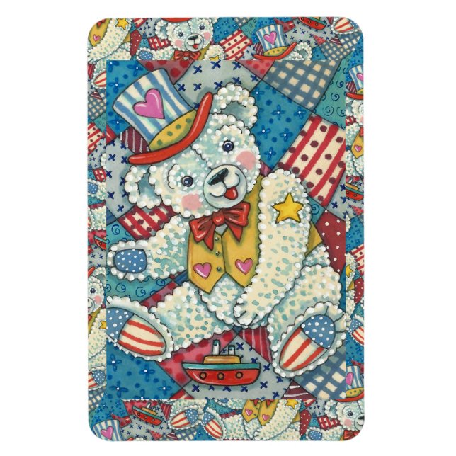CUTE PATRIOTIC TEDDY BEAR, BOAT & PATCHWORK QUILT MAGNET (Vertical)