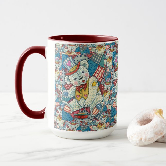 CUTE PATRIOTIC TEDDY BEAR, BOAT & PATCHWORK QUILT  MUG (With Donut)