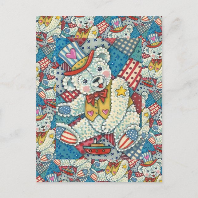CUTE PATRIOTIC TEDDY BEAR, BOAT & PATCHWORK QUILT POSTCARD (Front)