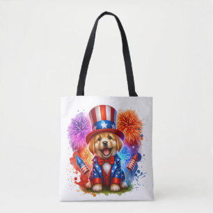 Cute Patriotic Uncle Sam Puppy Fireworks Tote Bag