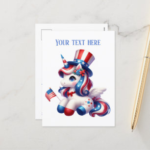 Cute patriotic unicorn add message  holiday postcard