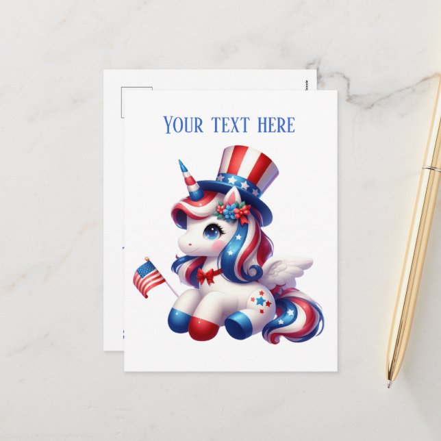 Cute patriotic unicorn add message  holiday postcard (Front/Back In Situ)