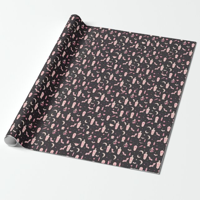Cute pattern black and pink vampire witchcraft wrapping paper (Unrolled)
