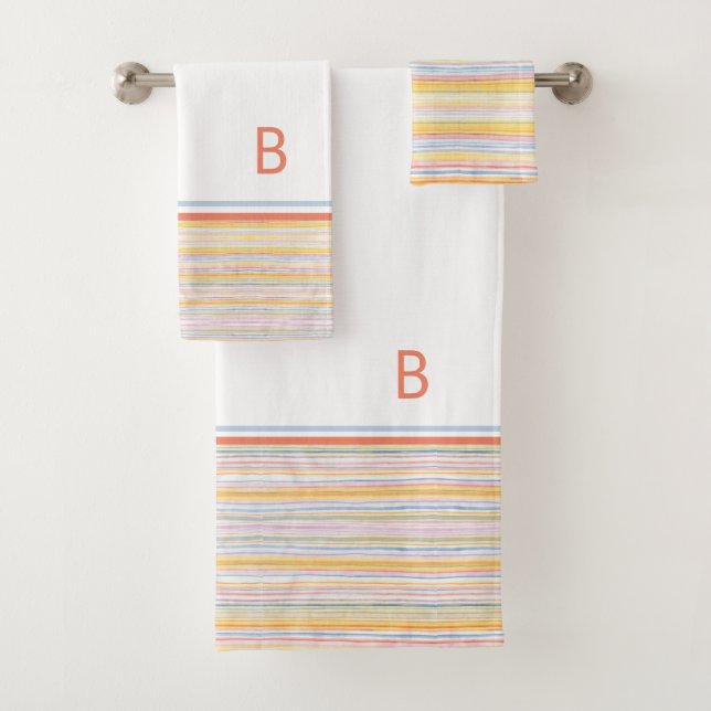 Cute Pattern Colourful Stripes Blue Orange Monogra Bath Towel Set (Insitu)