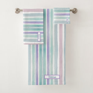 Cute Pattern Colourful Stripes Pink Blue Monogram Bath Towel Set