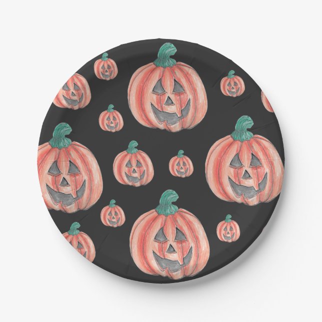 Cute Pattern Halloween Pumpkin Jack-O-Lantern Paper Plate (Front)