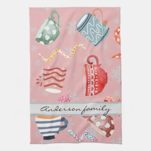 Cute pattern monogrammed keepsake red Christmas Tea Towel