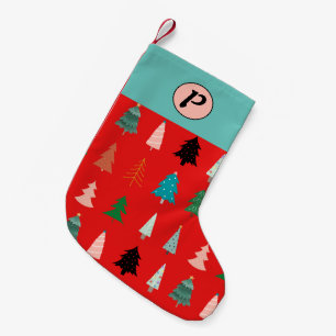 Cute pattern monogrammed red colourful trees blue small christmas stocking