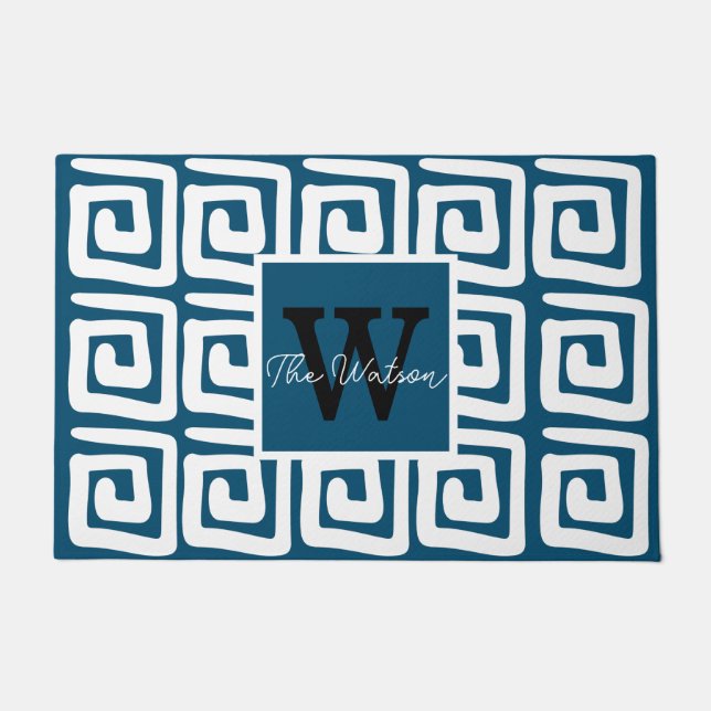 Cute pattern navy blue greek key monogram modern doormat (Front)