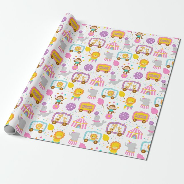 Cute Pattern Pink Circus Carnival Characters Wrapping Paper (Unrolled)