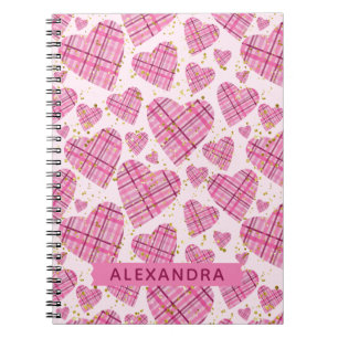 Cute Pattern Plaid Pink Hearts Faux Glitter Name Notebook