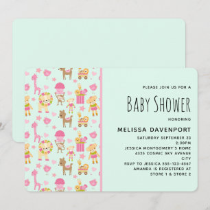 Cute Pattern with Happy Animals & Toys Baby Shower Invitation