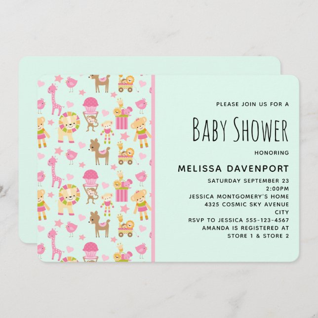 Cute Pattern with Happy Animals & Toys Baby Shower Invitation (Front/Back)