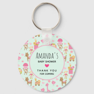 Cute Pattern with Happy Animals & Toys Baby Shower Key Ring