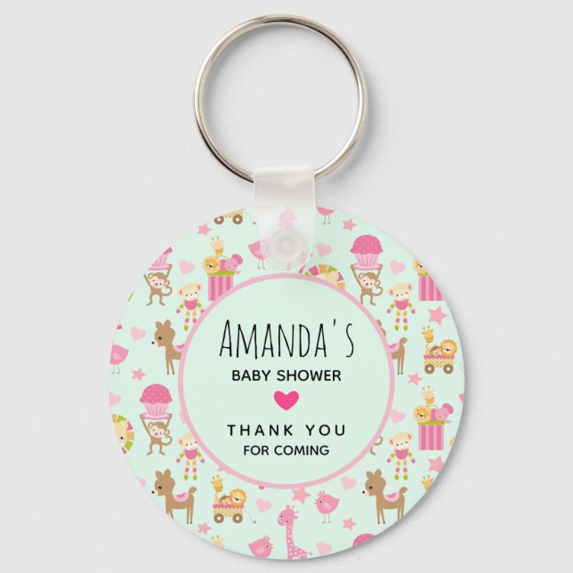 Cute Pattern with Happy Animals & Toys Baby Shower Key Ring (Front)