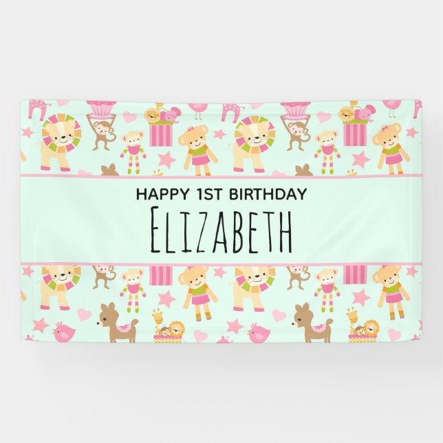 Cute Pattern with Happy Animals & Toys Birthday Banner (Horizontal)