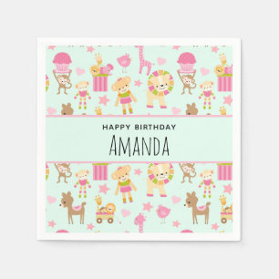 Cute Pattern with Happy Animals & Toys Birthday Napkin