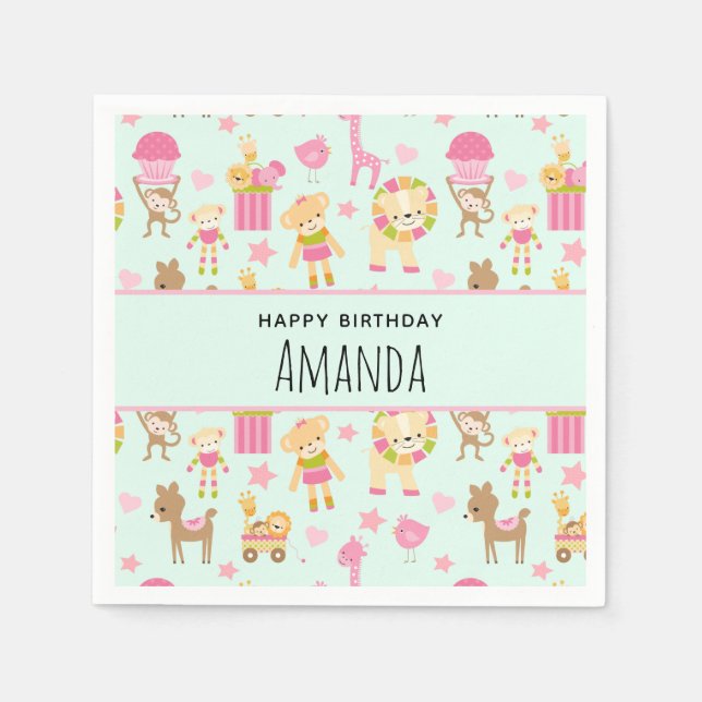 Cute Pattern with Happy Animals & Toys Birthday Napkin (Front)