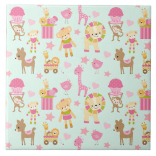 Cute Pattern with Happy Animals & Toys Ceramic Tile