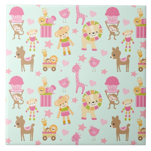 Cute Pattern with Happy Animals & Toys Ceramic Tile (Front)