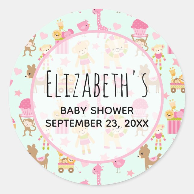 Cute Pattern with Happy Animals & Toys Shower Classic Round Sticker (Front)