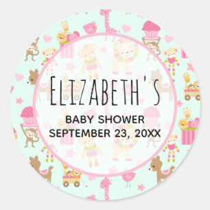 Cute Pattern with Happy Animals & Toys Shower Classic Round Sticker