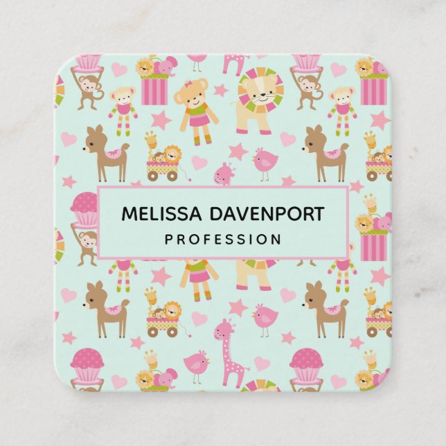Cute Pattern with Happy Animals & Toys Square Business Card (Front)