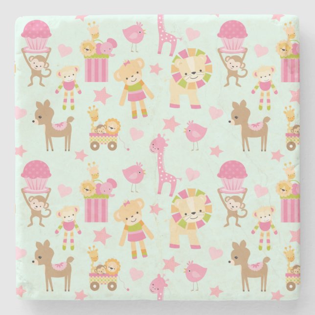 Cute Pattern with Happy Animals & Toys Stone Coaster (Front)
