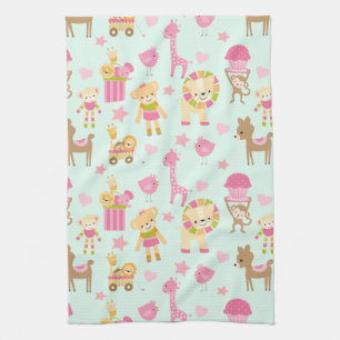 Cute Pattern with Happy Animals & Toys Tea Towel