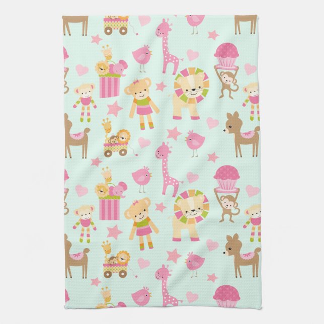 Cute Pattern with Happy Animals & Toys Tea Towel (Vertical)