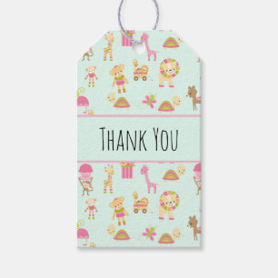  Cute Pattern with Happy Animals & Toys Thank You Gift Tags