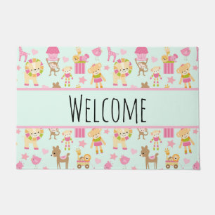  Cute Pattern with Happy Animals & Toys Welcome Doormat