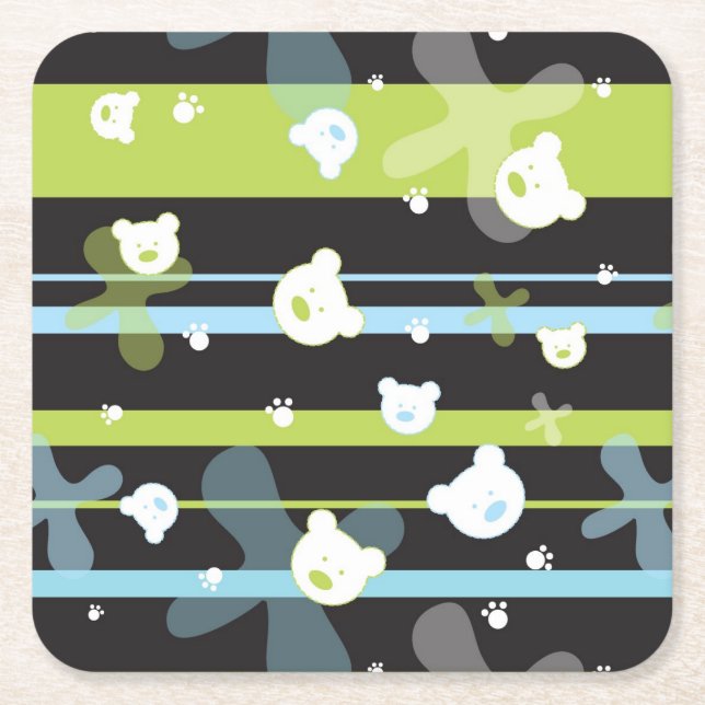 Cute pattern with little bears square paper coaster (Front)