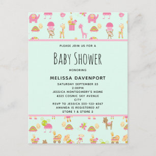 Cute Pattern with Nursery Animals Baby Shower Invitation Postcard