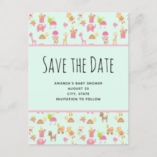 Cute Pattern with Nursery Animals Save the Date Invitation Postcard