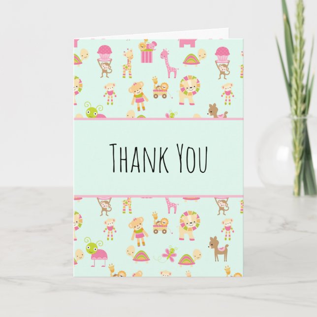 Cute Pattern with Nursery Animals & Toys Thank You Card (Front)