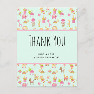 Cute Pattern with Nursery Animals & Toys Thank You Postcard