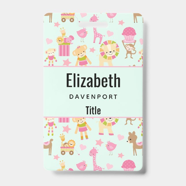 Cute Pattern with Whimsical Animals & Toys ID Badge (Front)
