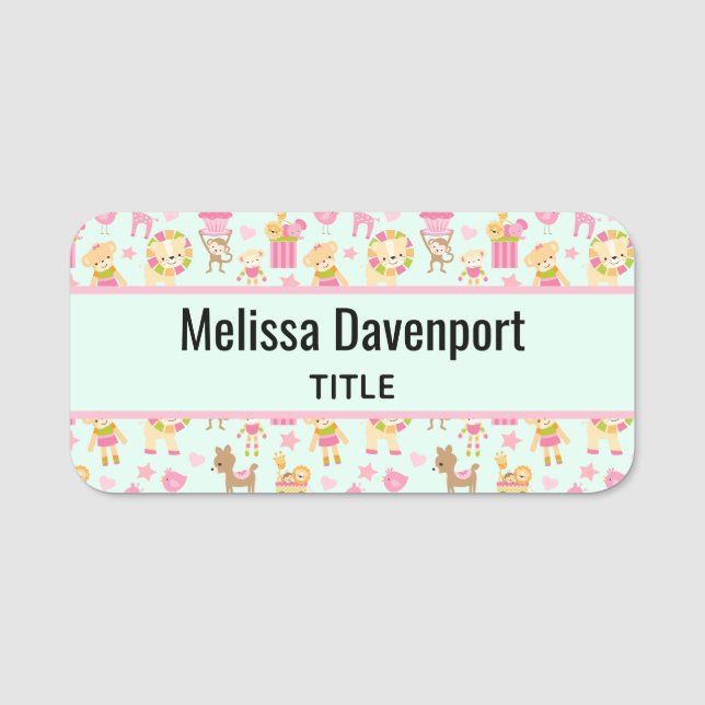 Cute Pattern with Whimsical Animals & Toys Name Tag (Front)