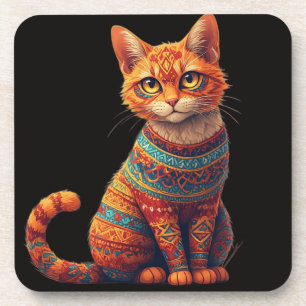 Cute Patterned Cat Illustration Folk Art Style Coaster