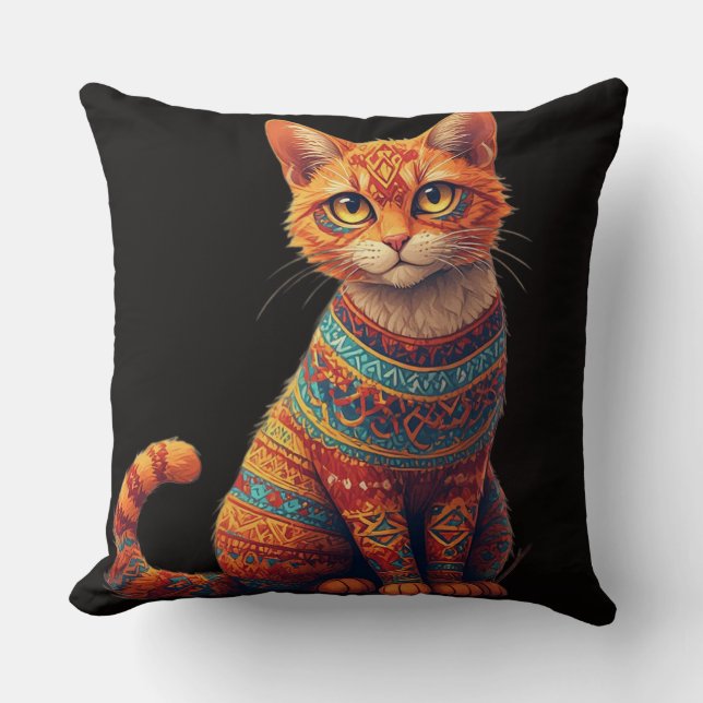 Cute Patterned Cat Illustration Folk Art Style Cushion (Front)