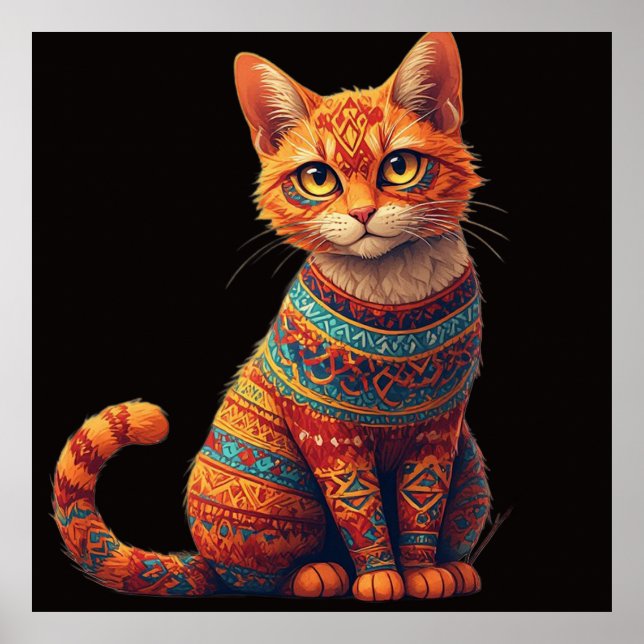 Cute Patterned Cat Illustration Folk Art Style Poster (Front)