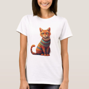 Cute Patterned Cat Illustration Folk Art Style T-Shirt