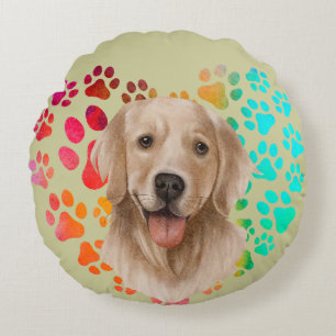 Cute paw Heart golden Dog Puppy Pet Animal party Round Cushion