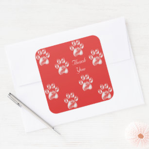 Cute Paw Pattern on Red Thank You Square Sticker