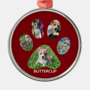 Cute Paw Print 5 Photo Dog Christmas Red Metal Ornament