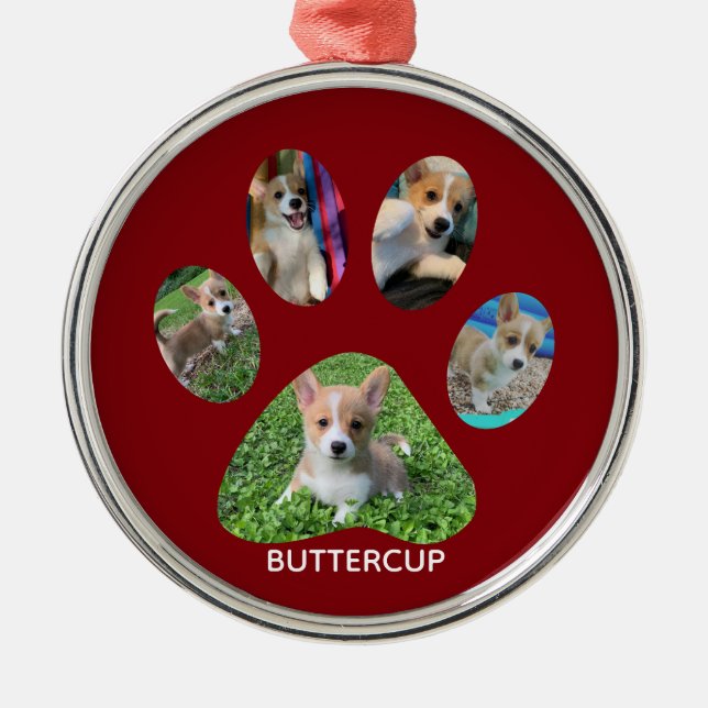 Cute Paw Print 5 Photo Dog Christmas Red Metal Ornament (Front)
