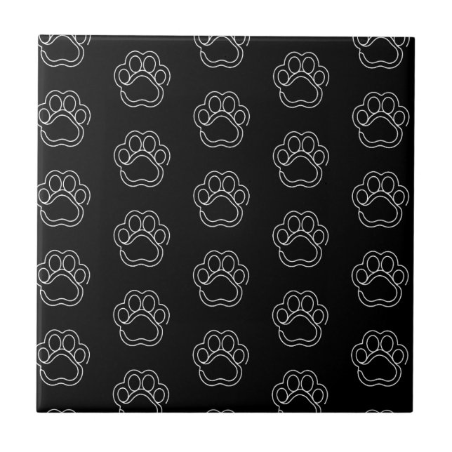 Cute Paw Print Animal Dog Lover White Line Contour Ceramic Tile (Front)