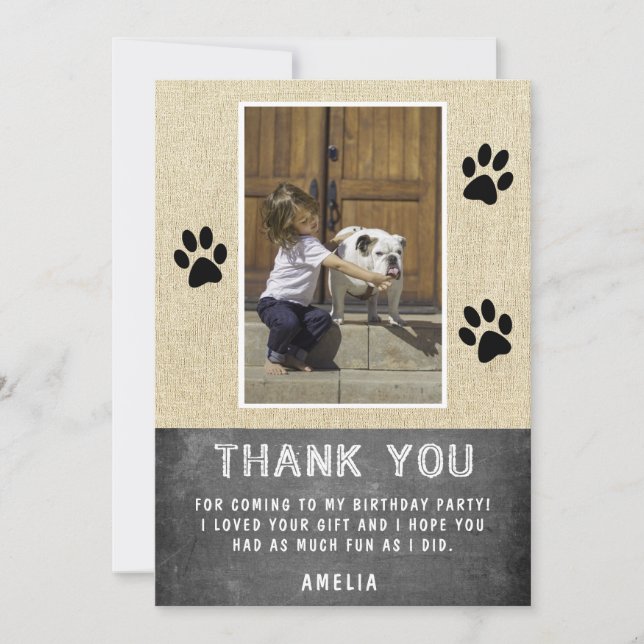 Cute Paw Print Chalkboard Birthday Photo Thank you Card (Front)